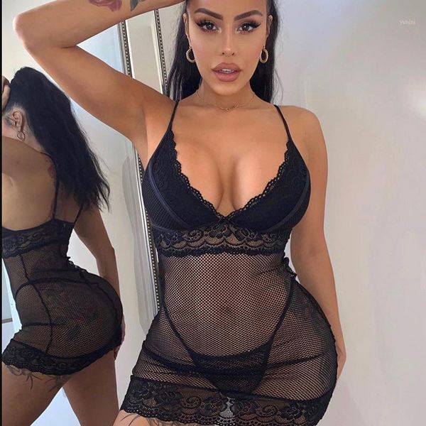 

female see-through mesh low-cut v-neck lace trim sleeveless dress woman wild recreation clubwear mini dresses mujer1, Black;gray