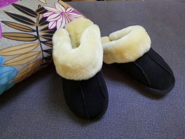 

australian natural sheep fur in one male and female thick warm home anti-slip anti-odor winter sandals real fur x1020, Black