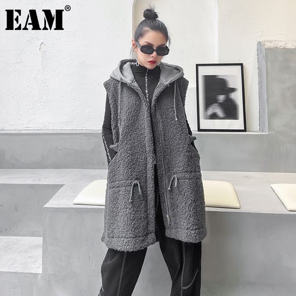 

[eam] women loose fit gray big size faux fur pocket vintage vest new hooded sleeveless fashion tide autumn winter 1dd0599 210204, Black;white