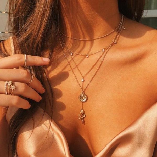 

luokey vintage bohemian tiny crystal choker necklace wedding rose flower pendant necklace for women friend collares jewelry, Silver