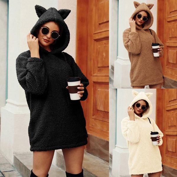 

womail faux fur coat long cardigan solid color hooded coat women fashion loose warm long sleeve sweatshirt outwear, Black;brown