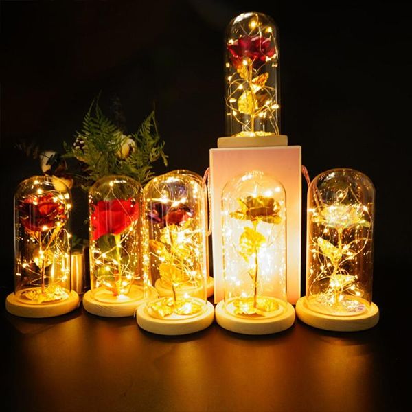 

2021 led enchanted galaxy rose eternal 24k gold foil flower with fairy string lights in dome for christmas valentine's day gift