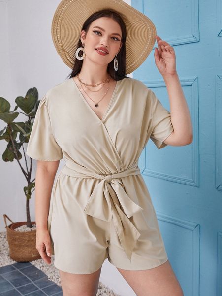 

plus solid surplice front belted romper t7ga#, Black