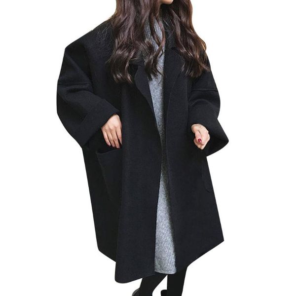 

women's wool & blends manteau femme winter coat womens plus size long sleeve loose casual knitted pockets outwear abrigo mujer casaco f, Black