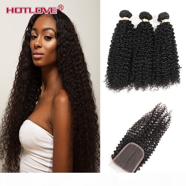 

brazilian virgin kinky curly hair 3 bundles with lace closure with baby hair natural black human hair wefts with closure, Black;brown