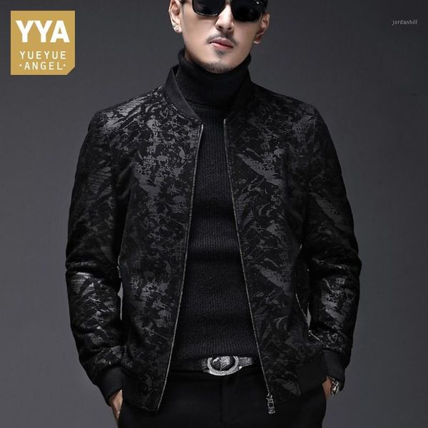 

brand mens slim fit floral printed genuine leather bomber jacket business man casual stand collar luxury sheepskin coat 4xl1, Black