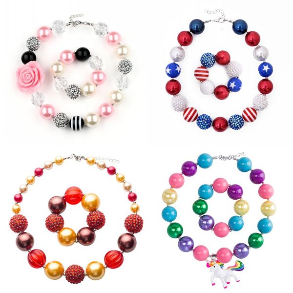 Baby-Mädchen-Halsketten-Sets, 78 Design-Mädchen-Anhänger, klobige Perlen-Halskette, Armband, amerikanische Flagge, Einhorn, Diamant, Kleinkind-Party-Schmuck, 575 K2