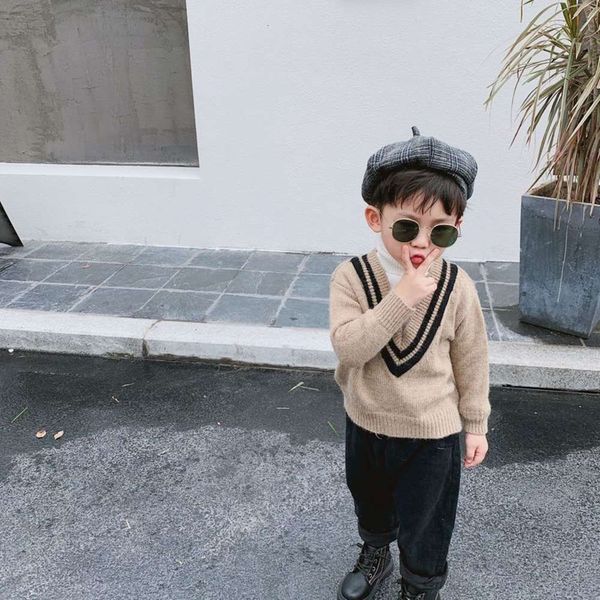 

product boys' children's big spring 2021 new v-neck fake two sweaters baby high neck sweater 2xa1, Blue