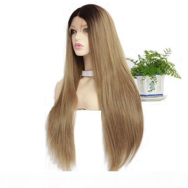 

synthetic lace front wigs ombre blonde colored long straight heat resistant hair dark root ombre blonde synthetic wig for black women, Black;brown