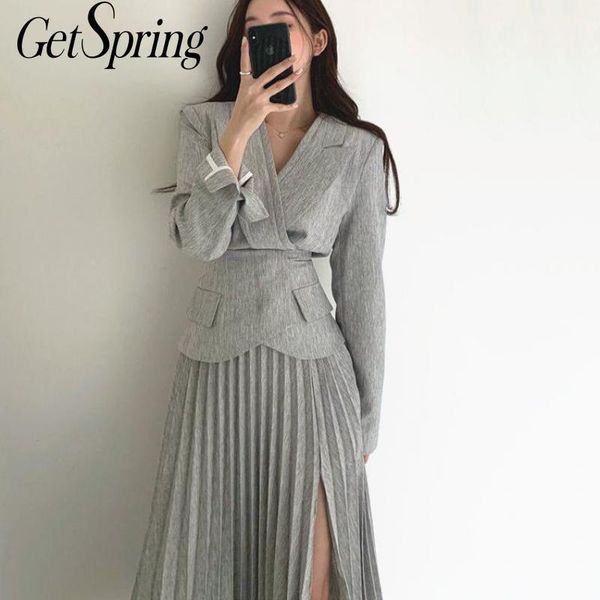 

getspring women sets women blazer skirt sets bandage blazer coats high waist split pleated skirt vintage 2 piece set 20201, Gray