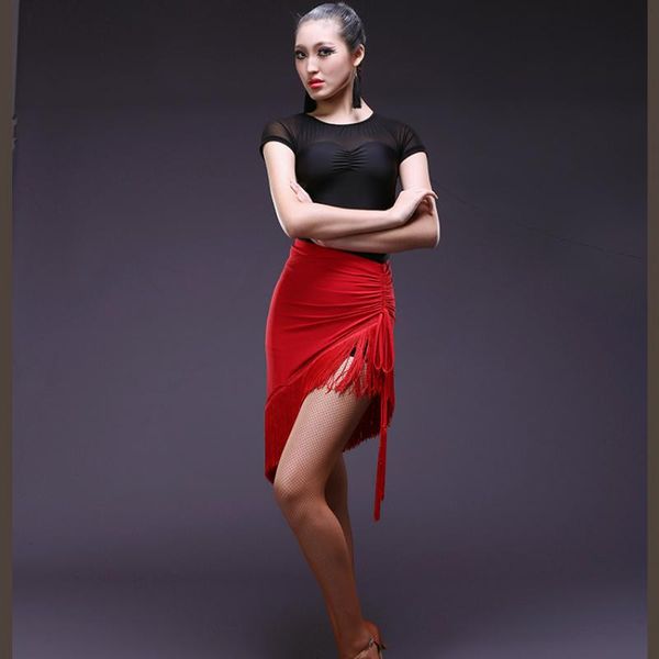 

stage wear 2021 irregular red and black tassel latin dance skirts female practice performance half skirt costume, Black;red