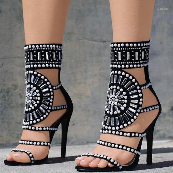 

boots pearl straps crystal embellished women gladiator sandals ladies high heels rome style open toe zipper back sandals1, Black