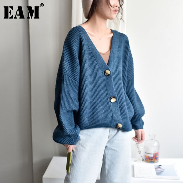 

eam] button split big size knitting cardigan sweater loose fit v-neck long sleeve women new fashion autumn winter 2020 y155 c1024, White