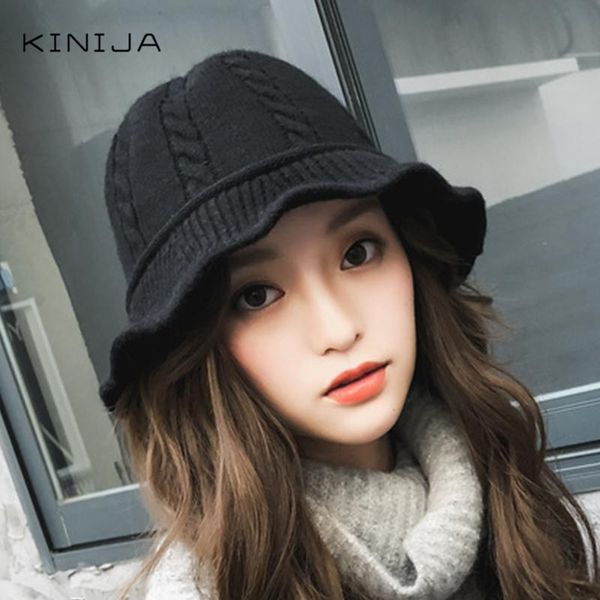 

wide brim hats women autumn and winter fisherman hat wool blended knitted basin cap bucket warm versatile panama, Blue;gray