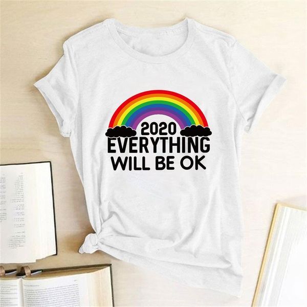 

everything will be ok rainbow letter print women t-shirt summer aesthetic clothes korean style cotton shirt ropa mujer verano, White