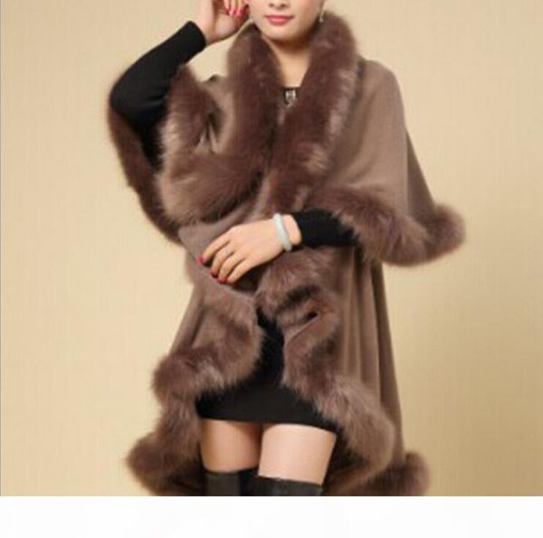 

2015 winter ladies coats long poncho faux fur big yards knitting wool cashmere cardigan shawls cloak female faux fox fur coats for women, Black