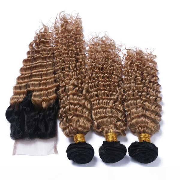 

light brown ombre brazilian virgin hair with closure two tone #1b 27 honey blonde ombre 3bundles deep wave hair with 4x4 lace closure, Black
