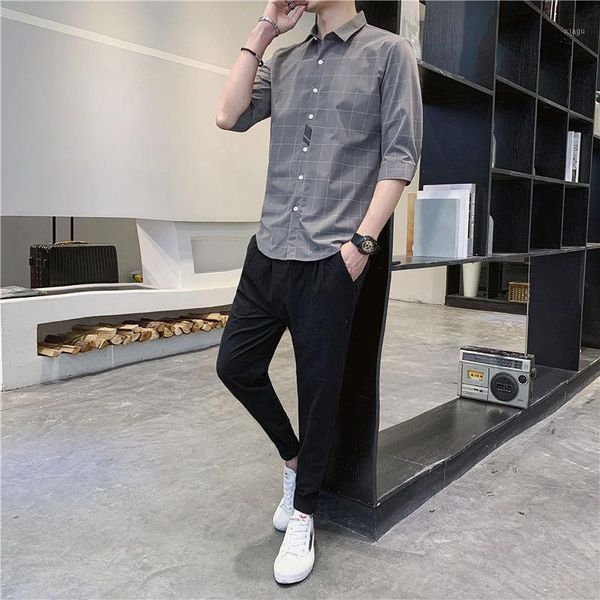 

2020 summer new short-sleeved shirt male korean version long-sleeved casual pants tide brand suit 2 piece, Gray