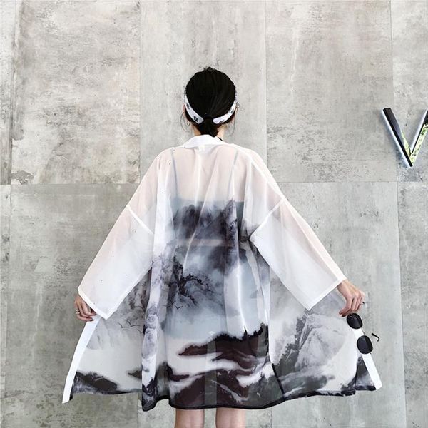 

summer wrap belt streetwear vintage printed loose long japanese outtif blouse sun cover up chiffon shirt harajuku woman man top, White