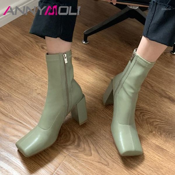 

annymoli natural genuine leather woman boots high heel ankle boots zipper block heel short square toe ladies shoes beige1, Black