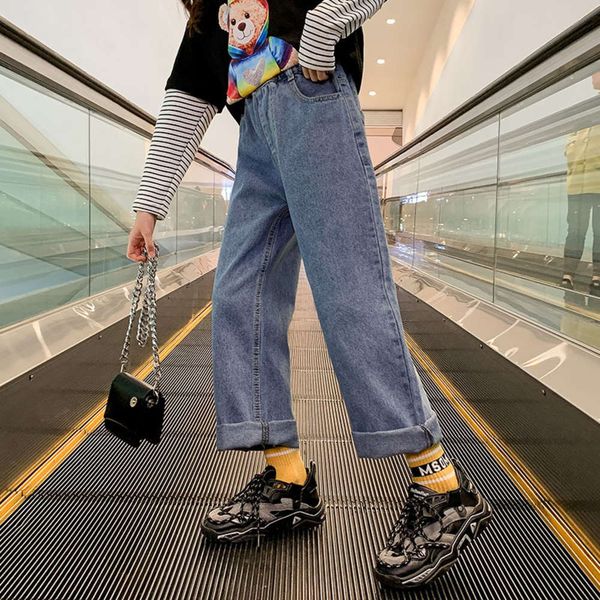

girls' jeans 2021 new foreign style dress korean version zhongda loose wear children's trousers spring and autumn, Blue