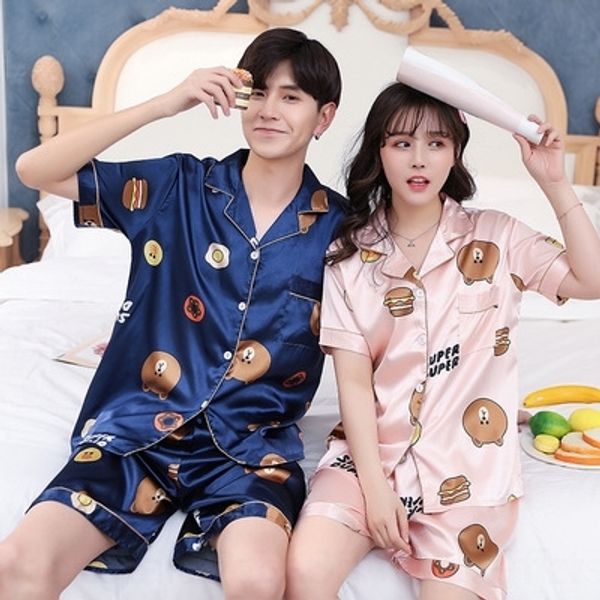 

syqp demiesilk couple pajama sets sets flower printed sleepwear imitation collar short sleeve pajama with pants turn-down silk summer pajama, Black;red