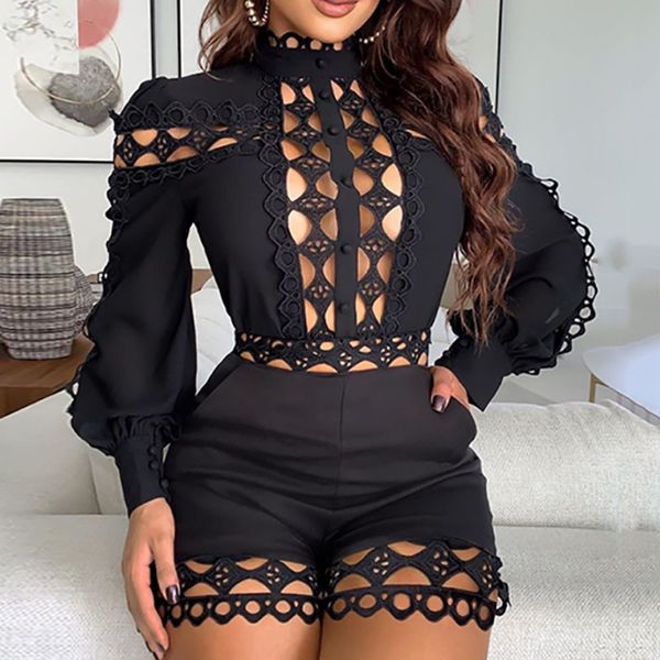 

2021 short jumpsuit women playsuits out lace bodysuits female monkey long autumn black summer white tw27, Black;white