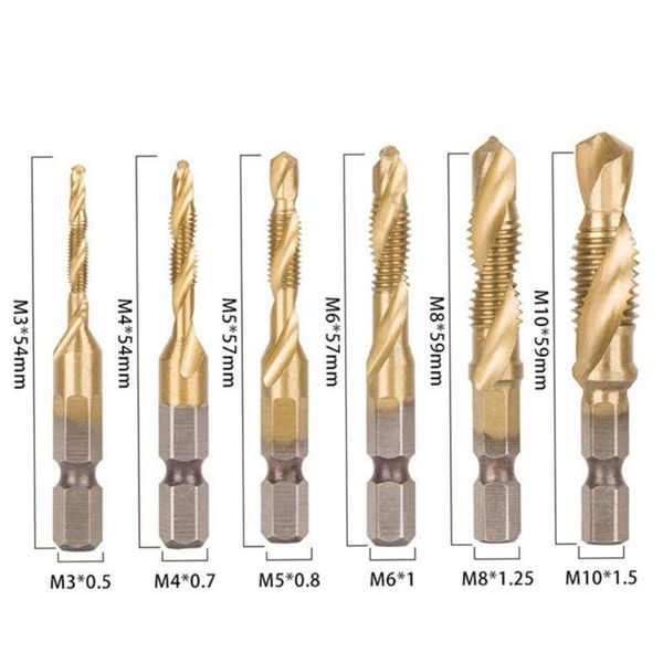 

hand tools 6pcs hex shank titanium plated hss screw thread metric tap drill bits machine compound m3 m4 m5 m6 m8 m10