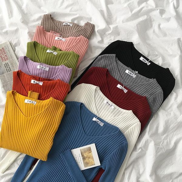 

slim-fit solid color woolen sweater 2020 winter autumn new women's korean elegant v-neck long-sleeved knit pullover fashion1, White;black