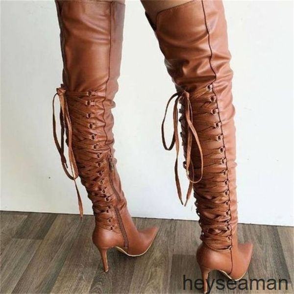 

boots solid color cross strap pointed knee high heel catwalk stage boots fashion n7c3, Black