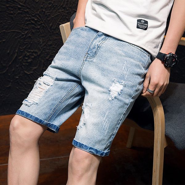 

new streetwear men's bermuda retro hole casual summer straight denim shorts men code 27-36 jeans, Blue