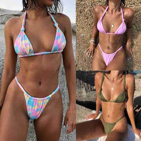 

women's summer swimwear split gradient print halter neck drawstring bikini set bra tie side thong beach triangle swim, White;black
