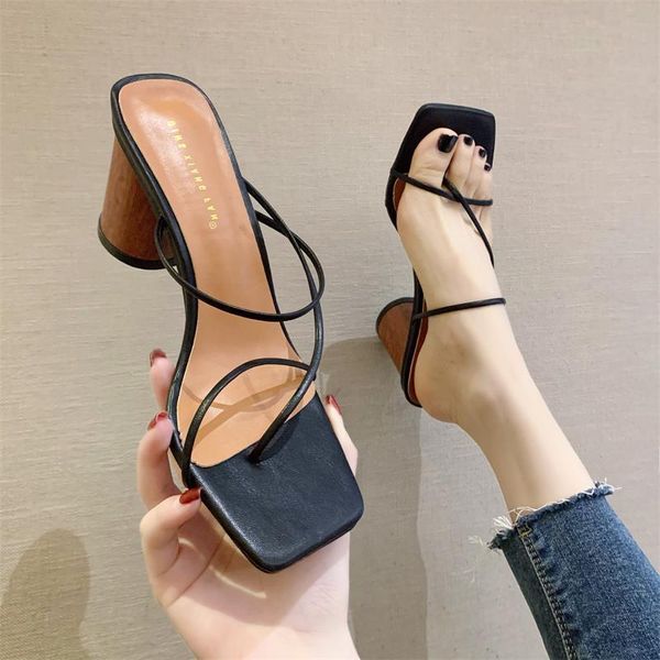

shoes cross-tied rubber flip flops square toe mules for women 2021 woman's slippers luxury slides hawaiian block new designer, Black
