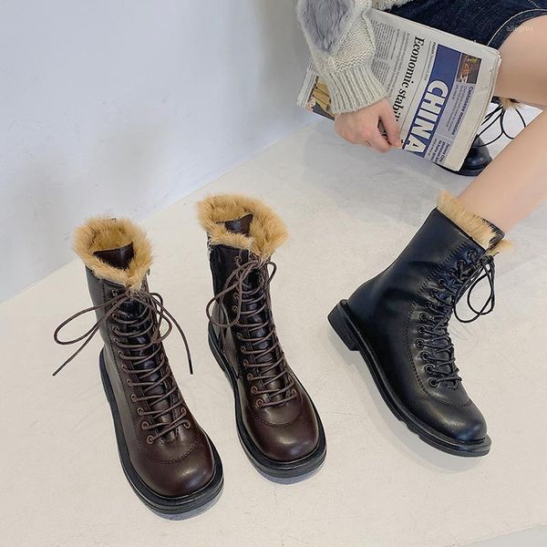 

boots women's mid calf shoes booties ladies round toe luxury designer boots-women low heels winter footwear1, Black