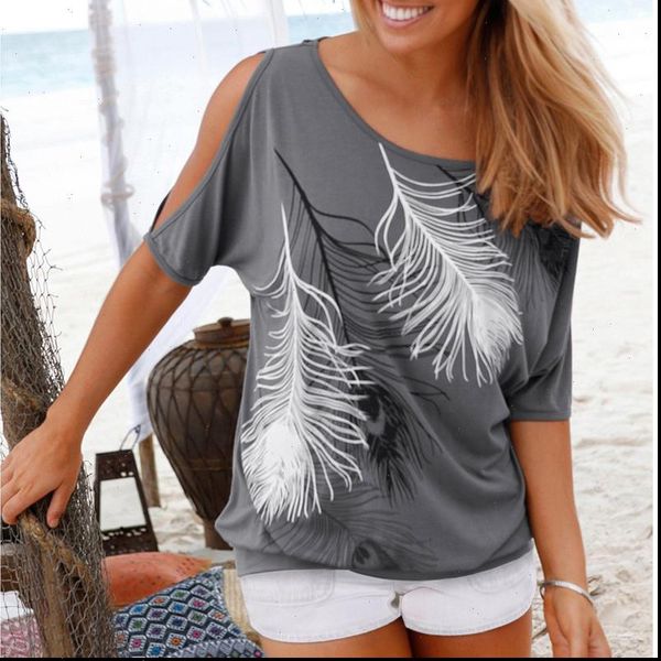 

women blouse 2019 summer feather print blouses o neck strapless shirts off shoulder short sleeved tee loose type plus size, White