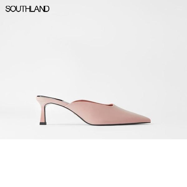 

southland summer 2020 new women's shoes mules pink point toe square shallow high heels back empty single shoes wedding party1, Black