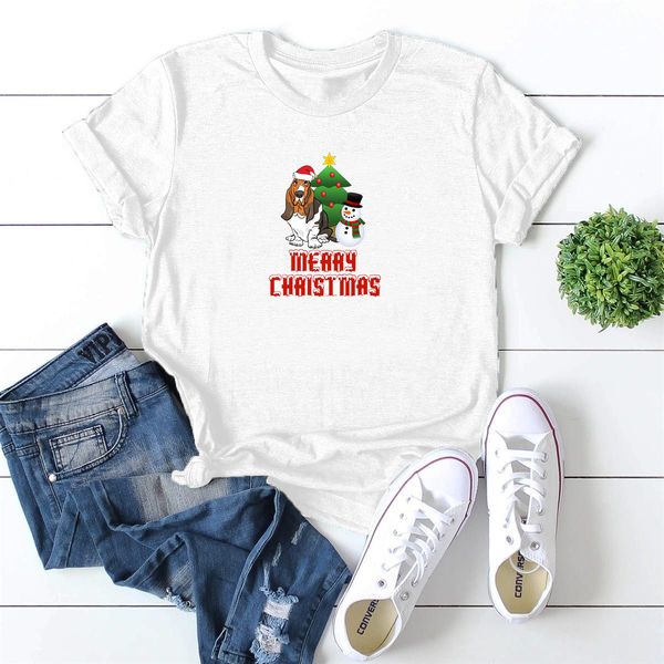 

lh20237 christmas merry christmas snowman print casual wild loose cotton hedging round neck short sleeve, White