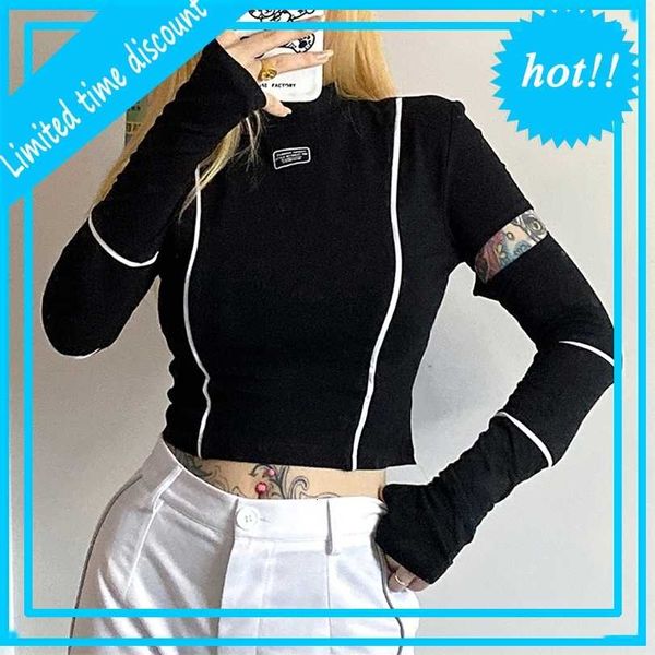 

wind women's 2021ins autumn and winter new fashion letter label splicing navel t-shirt for women, White