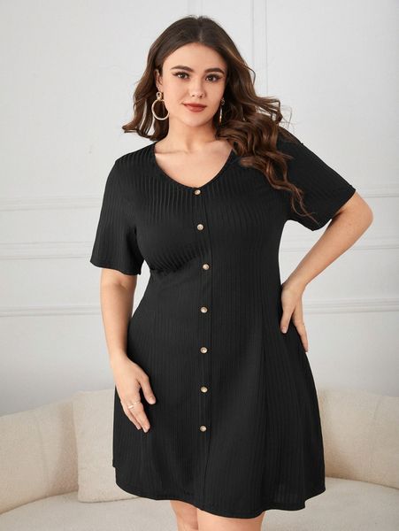 

plus ribbed knit button detail dress i6vs#, Black