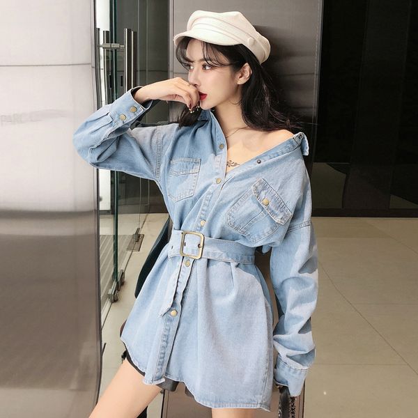 

2021 new new mid-length lace up fit slim denim shirt long sleeve jacket women's wear d7jb, White