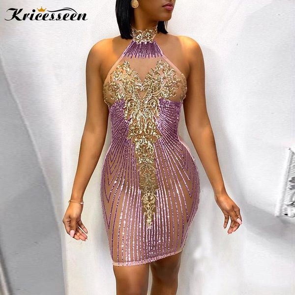 

kricesseen sequined halter neck see through mini dress women spring backless bodycon party dress birthday outfits, Black;gray