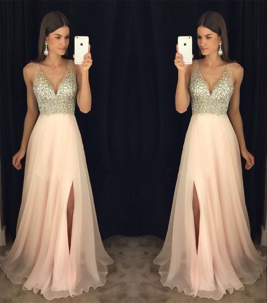 Bonitas decote V profundo Rhinestone Nude corpete de Split saia Comprimento Pavimento blush rosa Pageant Vestidos Mulheres Prom Vestidos