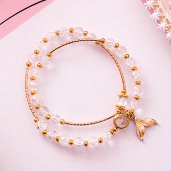 

korean style small and fresh crystal fishtail pendant handmade beaded mermaid stone pendant beaded bracelet gift double circle bracelet ggtx, Golden;silver