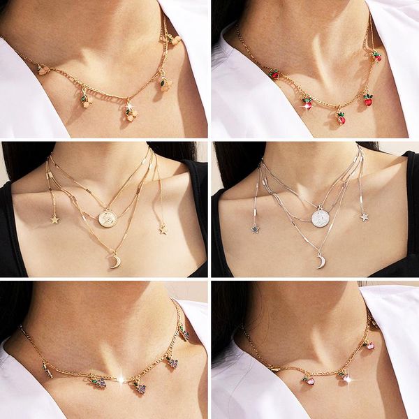 

chokers vivilady cherry strawberry fruit star moon tassel chain alloy necklace wholesale woman punk chic cute party birthday gift, Golden;silver