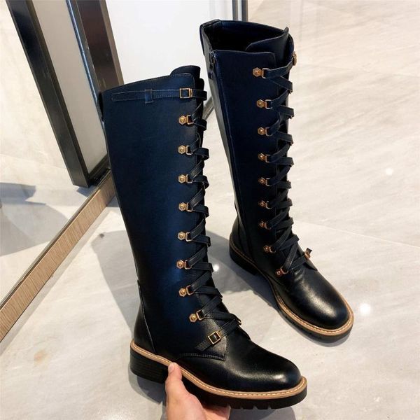 

2020 new winter riding boots women new winter motorcycle boots cow leather metal decoration lace up knight mujer1, Black