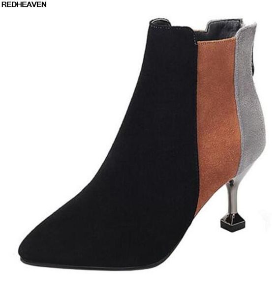 

women ankle boots women shoes woman boots fashion color matching high heel 2020 autumn new flock pointed booties, Black