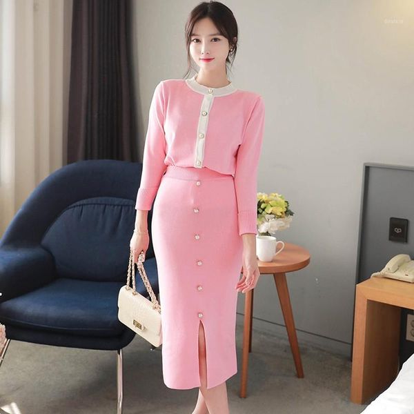 

new arrival 2020 runway autumn winter korean luxury elegant knitted cardigan sweaters + bodycon pencil knit skirts 2 piees set1, White