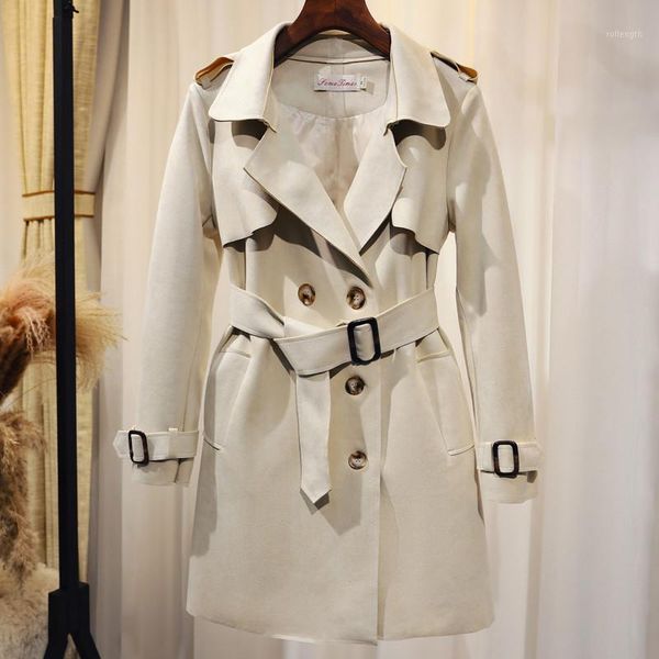 

2020 new autumn women trench coat double-breasted female windbreaker with belt suede trench long coat outerwear p8601, Tan;black