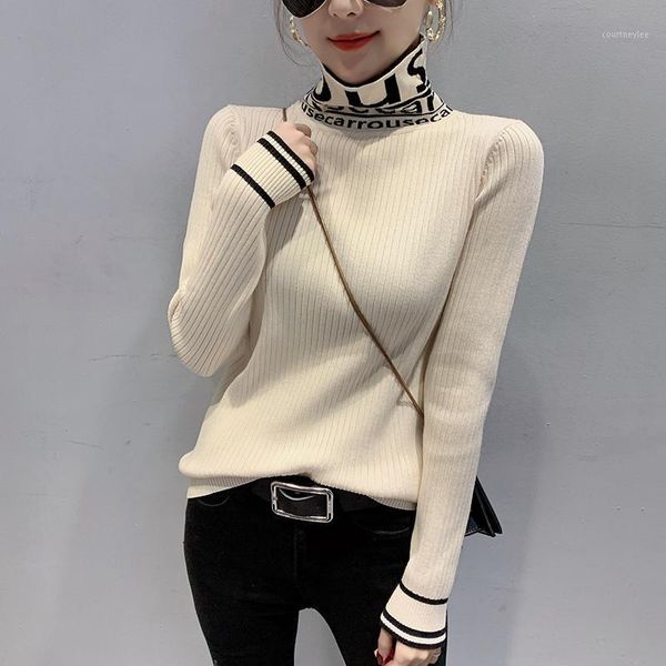 

#6209 autumn winter 2020 black white beige sweater women turtleneck pullovers letters slim stretch knitwear sweater warm1, White;black