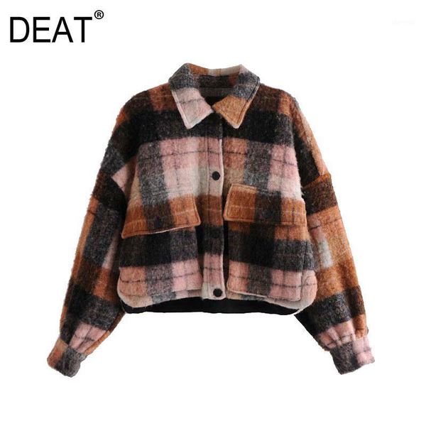 

deat] 2021 new fashion tide long sleeve lattice turn-down collar single-breasted loose woolen cloth women;s coat 13w4401, Black